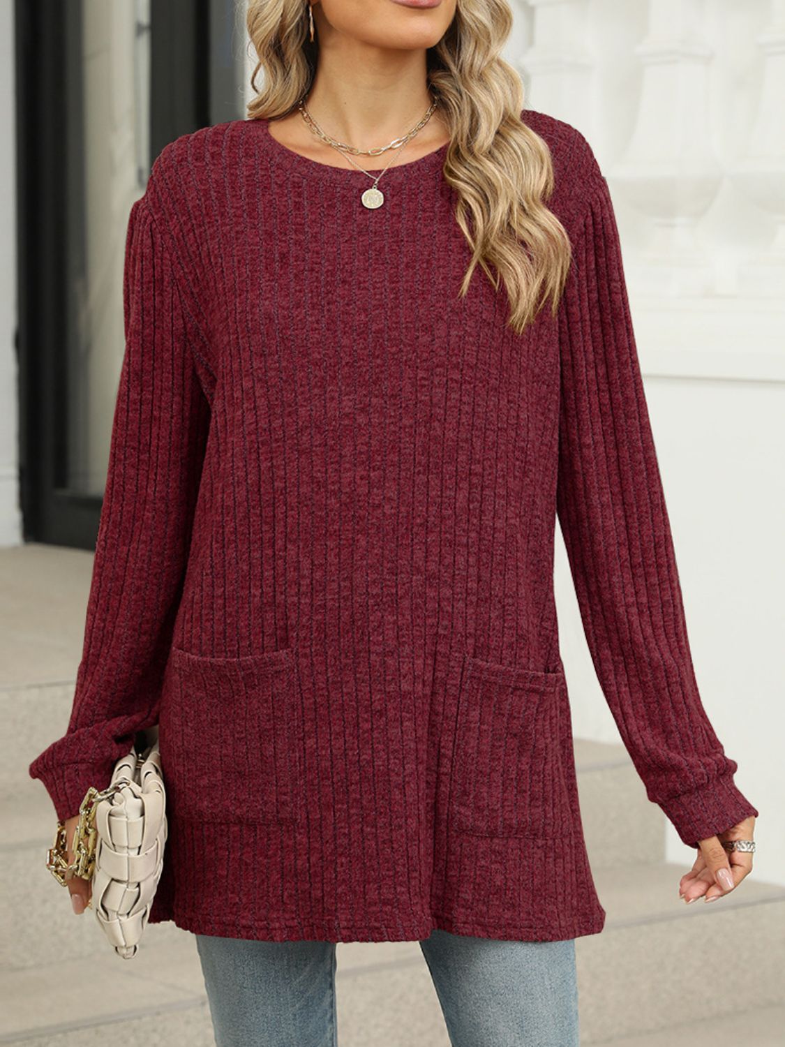 Buy burgundy Pocketed Round Neck Long Sleeve T-Shirt