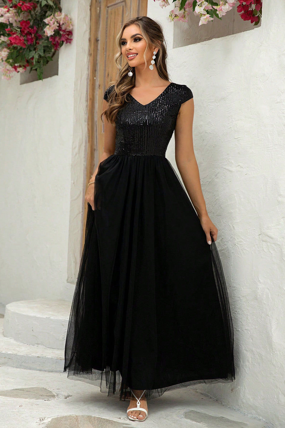 Buy black Sequin V-Neck Mesh Maxi Dress