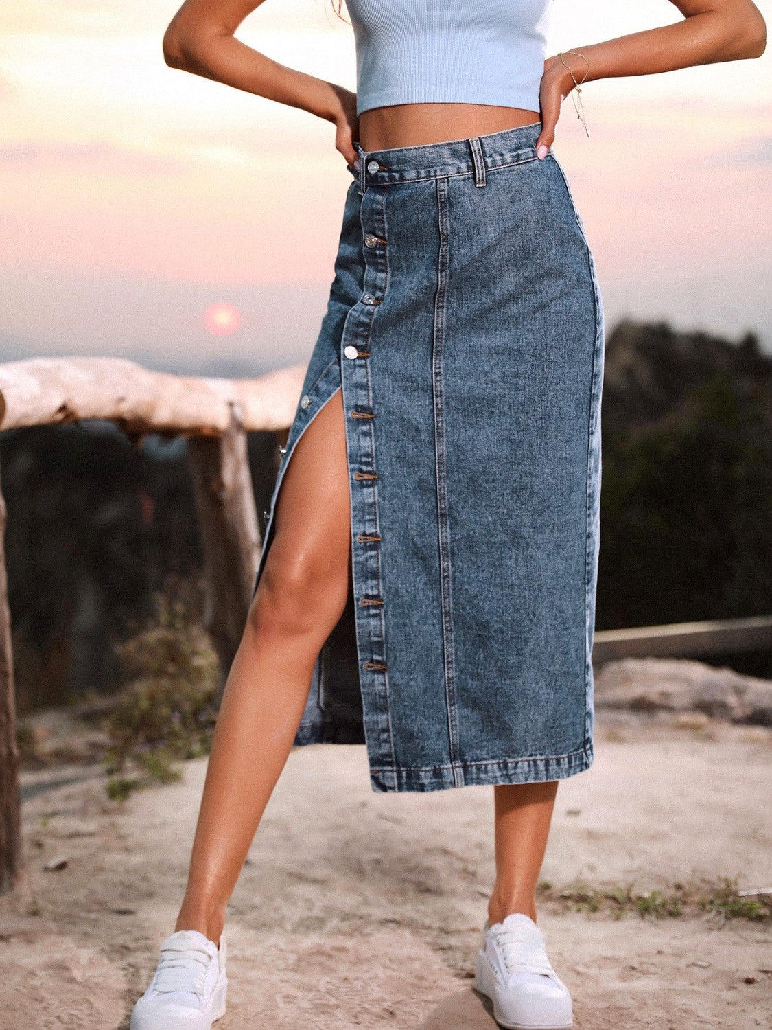 Buy navy Button Down Denim Skirt