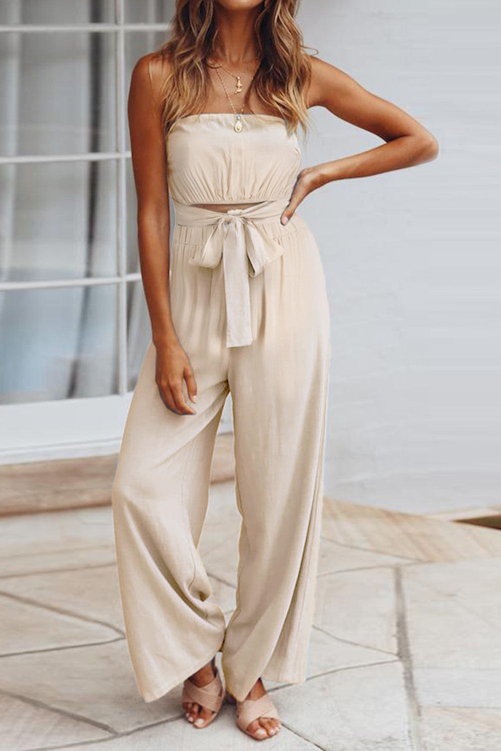 Buy tan Tied Cutout Tube Wide Leg Jumpsuit