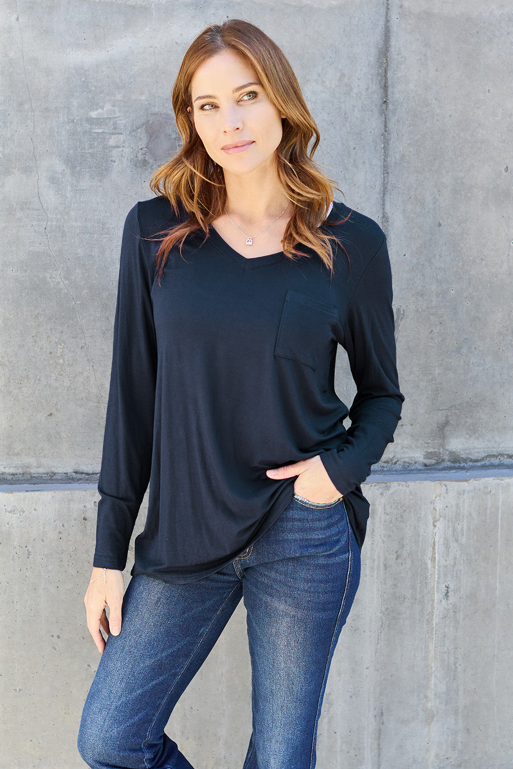 Buy dark-blue Basic Bae Full Size V-Neck Long Sleeve Top