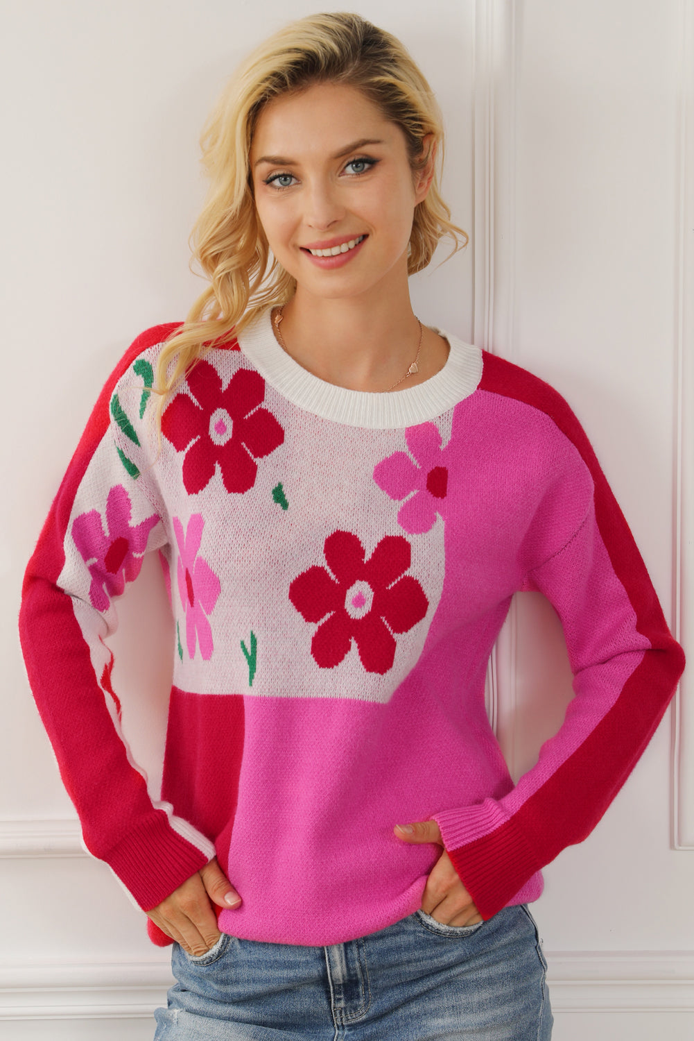 Floral Round Neck Dropped Shoulder Sweater