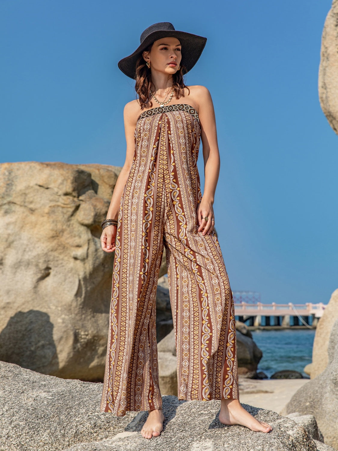 Buy camel Tied Printed Tube Wide Leg Jumpsuit