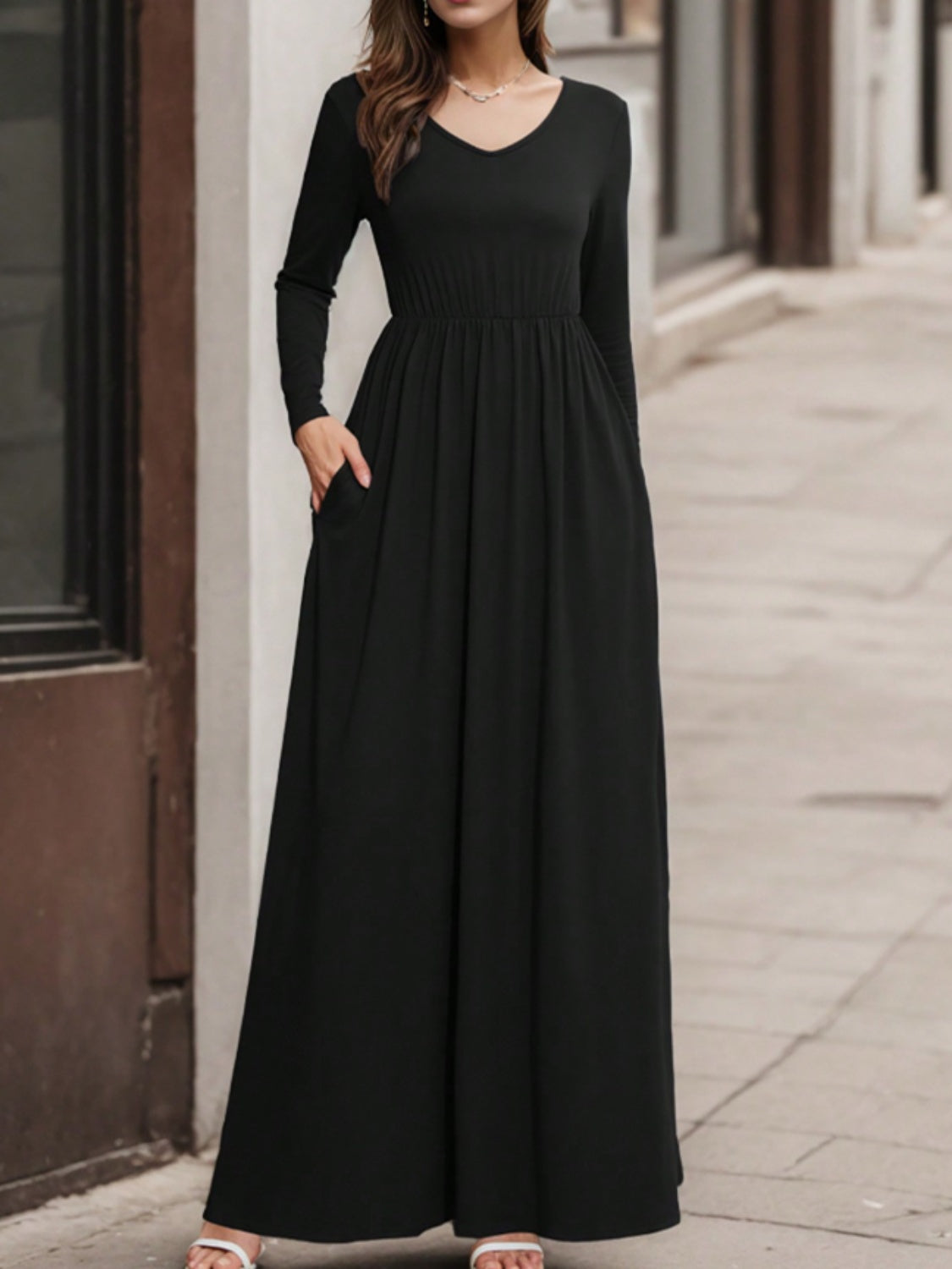 Buy black Pocketed V-Neck Long Sleeve Maxi Dress