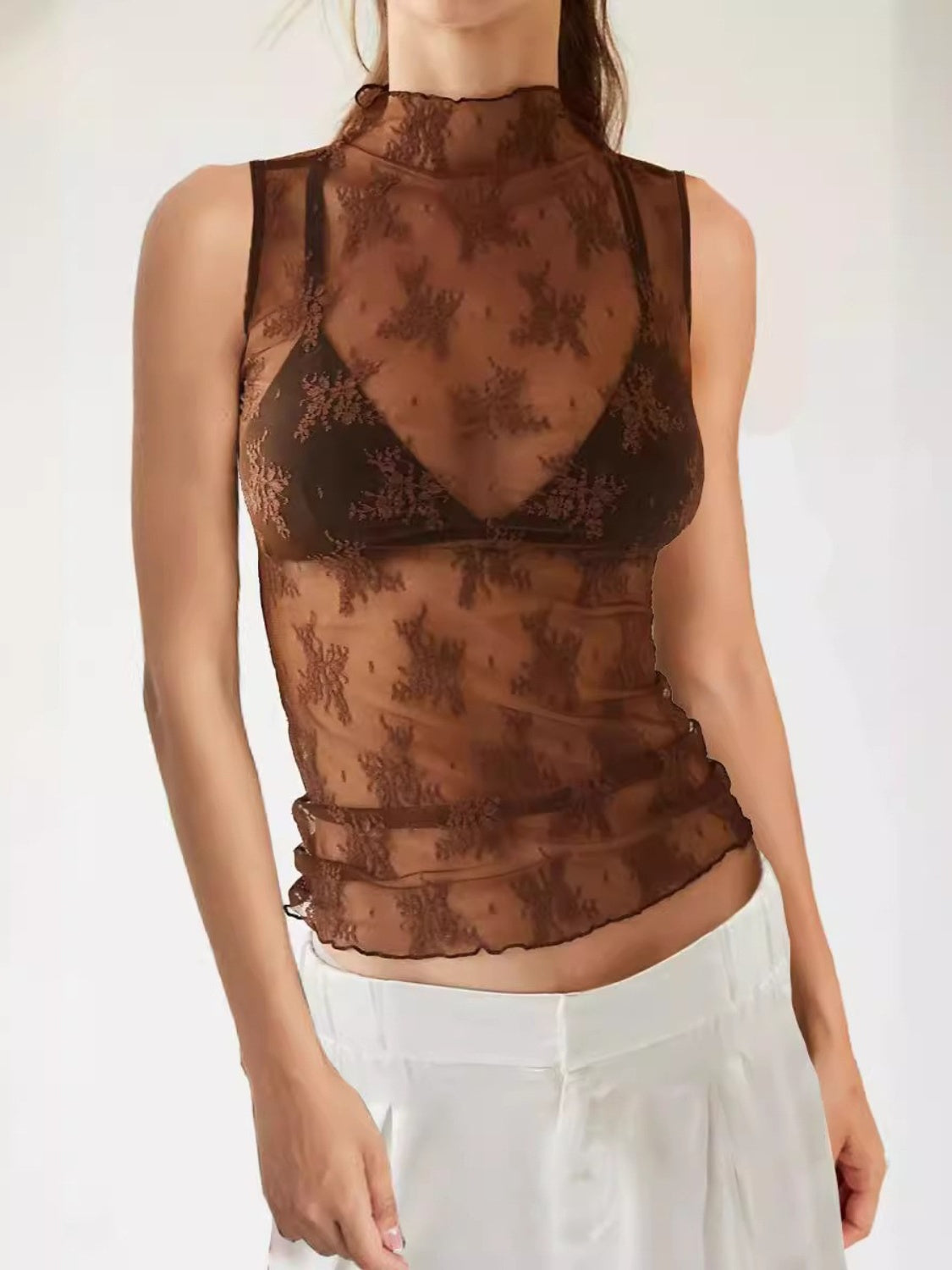 Buy brown Lace Mock Neck Top