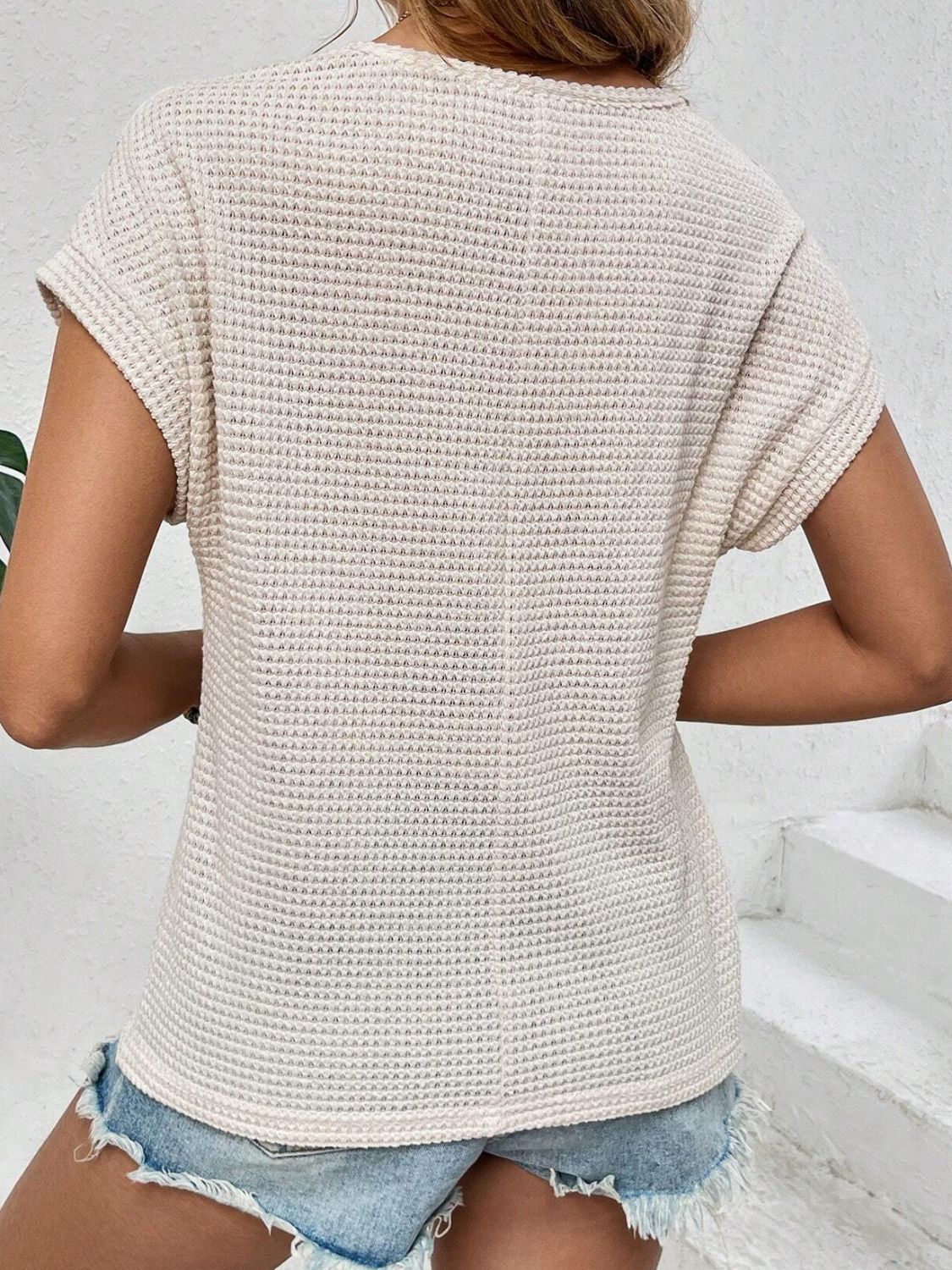 Waffle-Knit Round Neck Short Sleeve Top