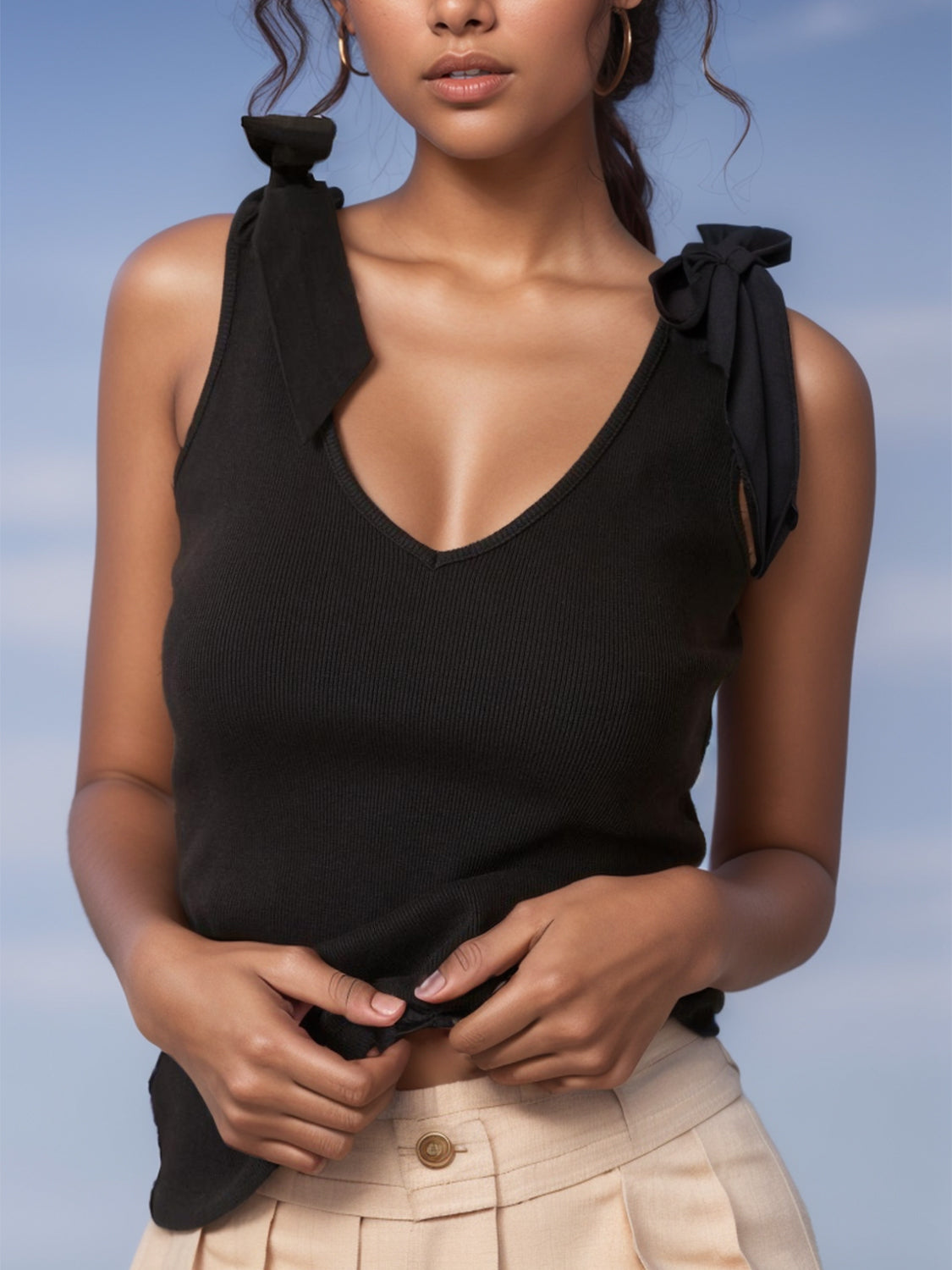 Buy black V-Neck Tie Shoulder Tank