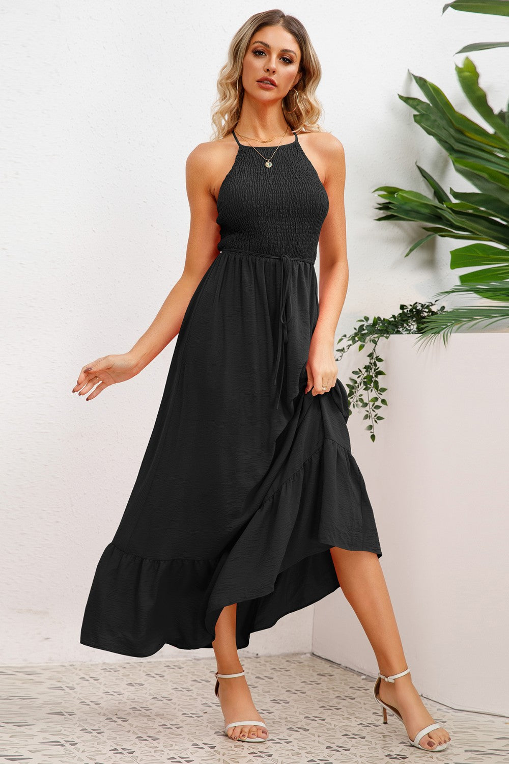 Buy black Smocked Crisscross Spaghetti Strap Dress