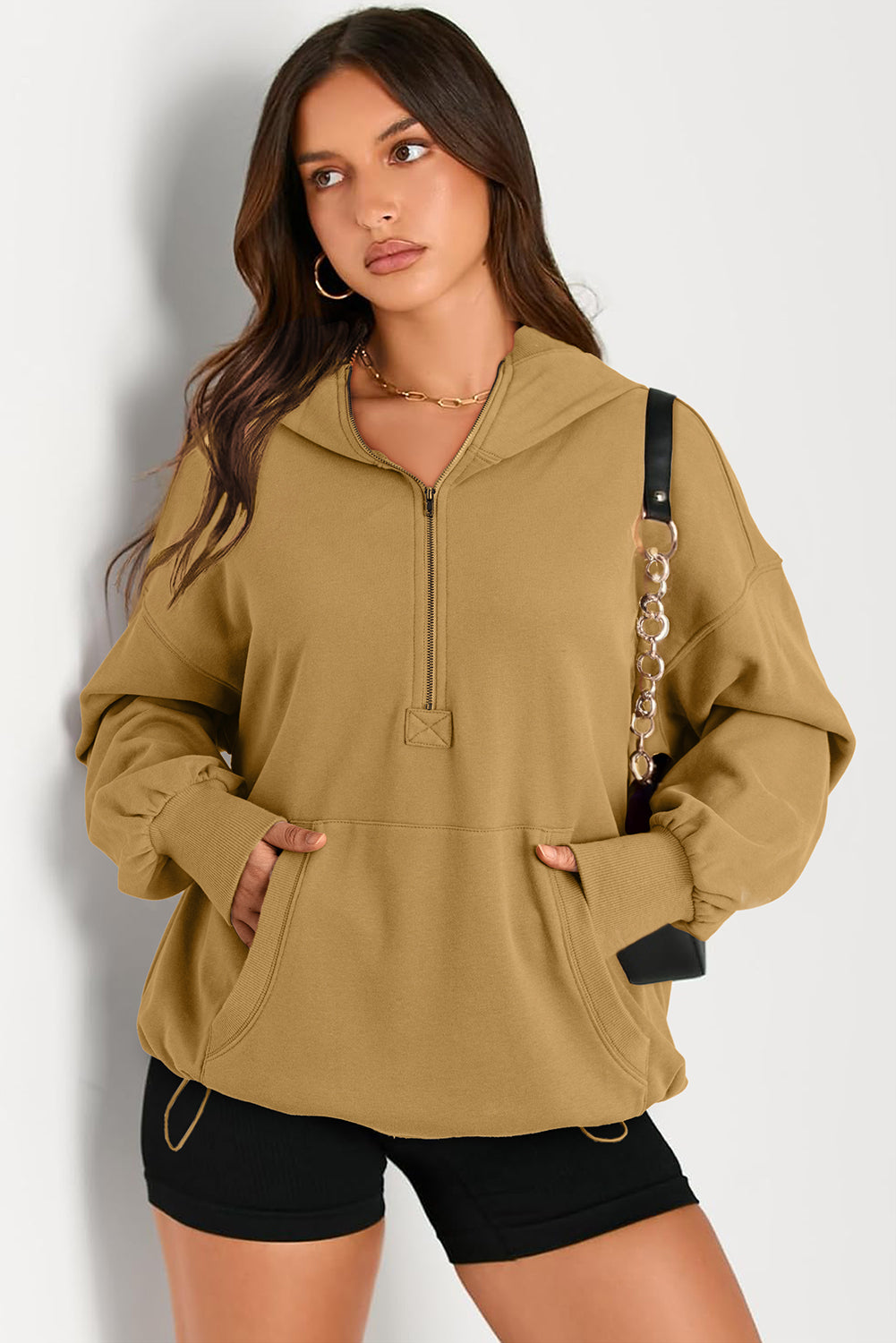 Buy tan Pocketed Half Zip Long Sleeve Hoodie