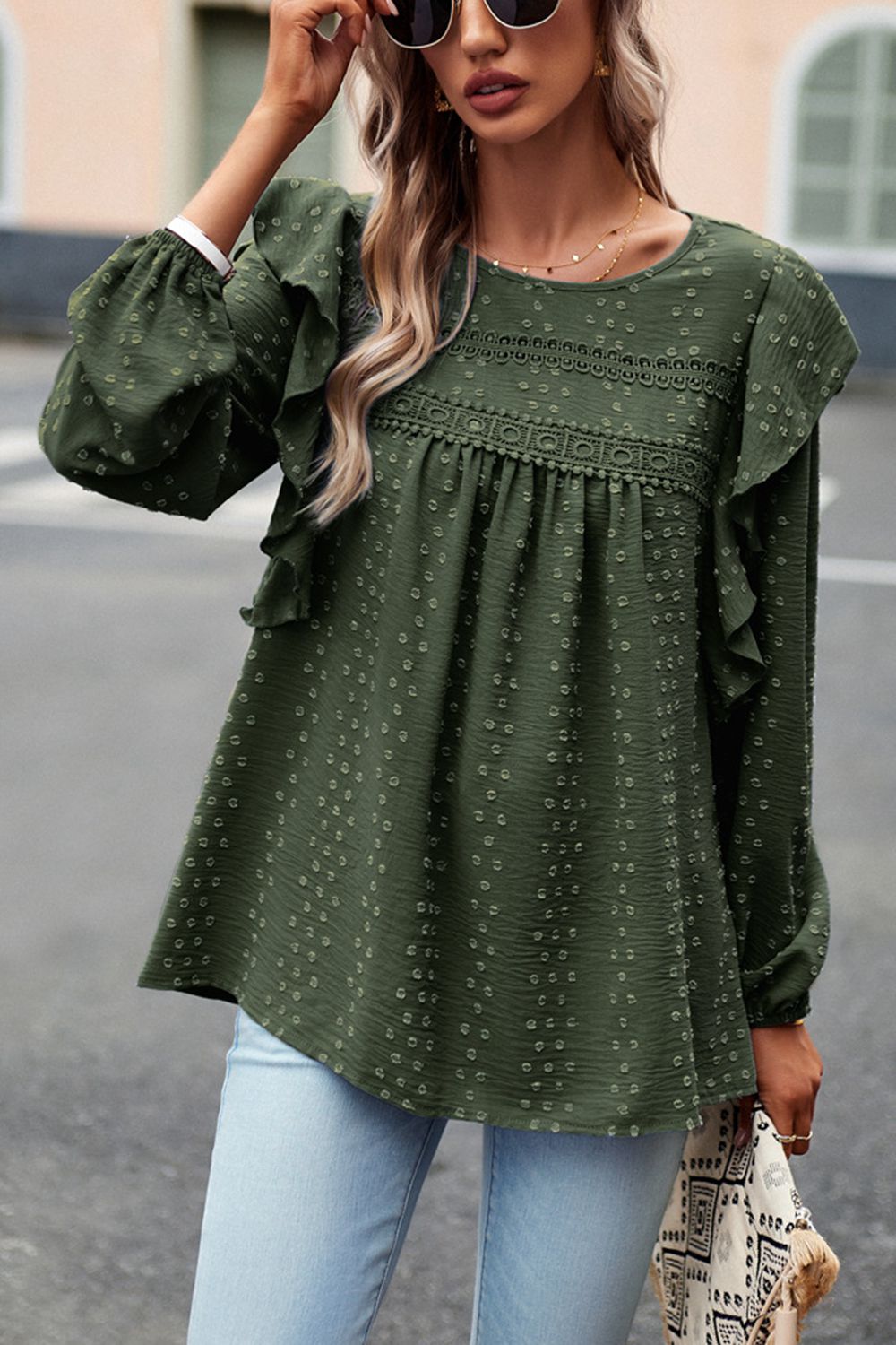 Devine Ruffle Trim Balloon Sleeve Blouse