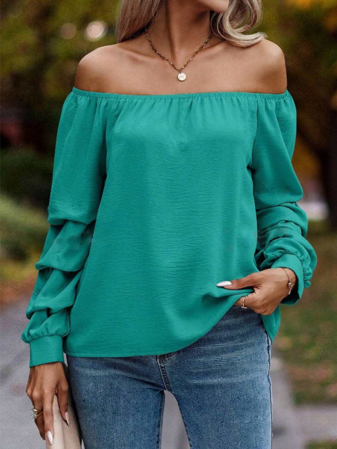 Ruched Off-Shoulder Long Sleeve Blouse