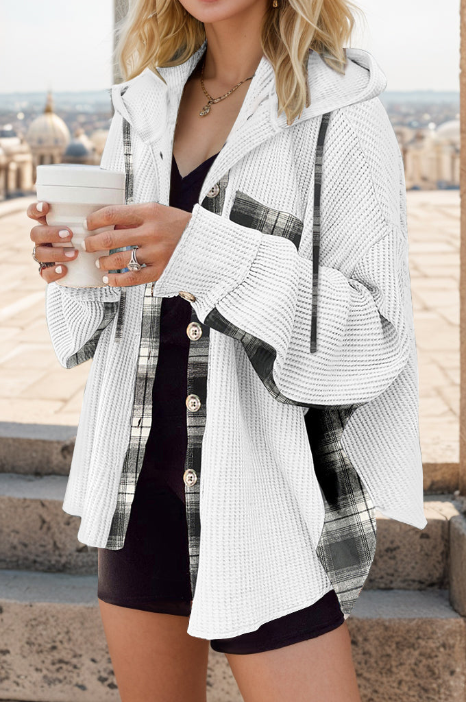 Buy white Plaid Waffle-Knit Drawstring Hooded Jacket