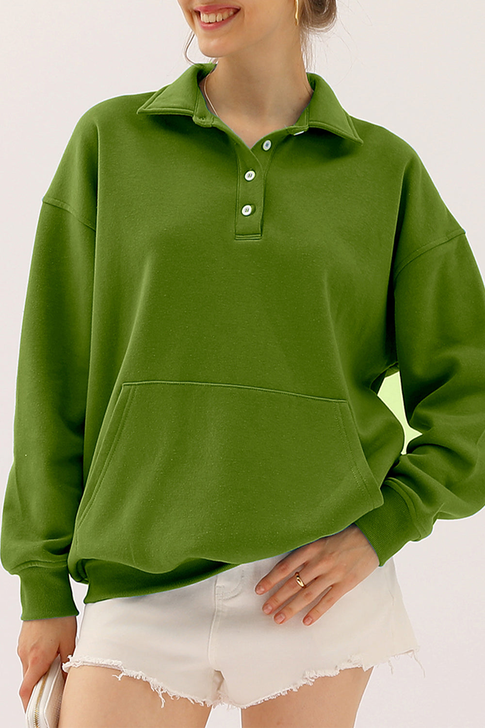 Buy matcha-green Ninexis Full Size Quarter-Button Collared Sweatshirt