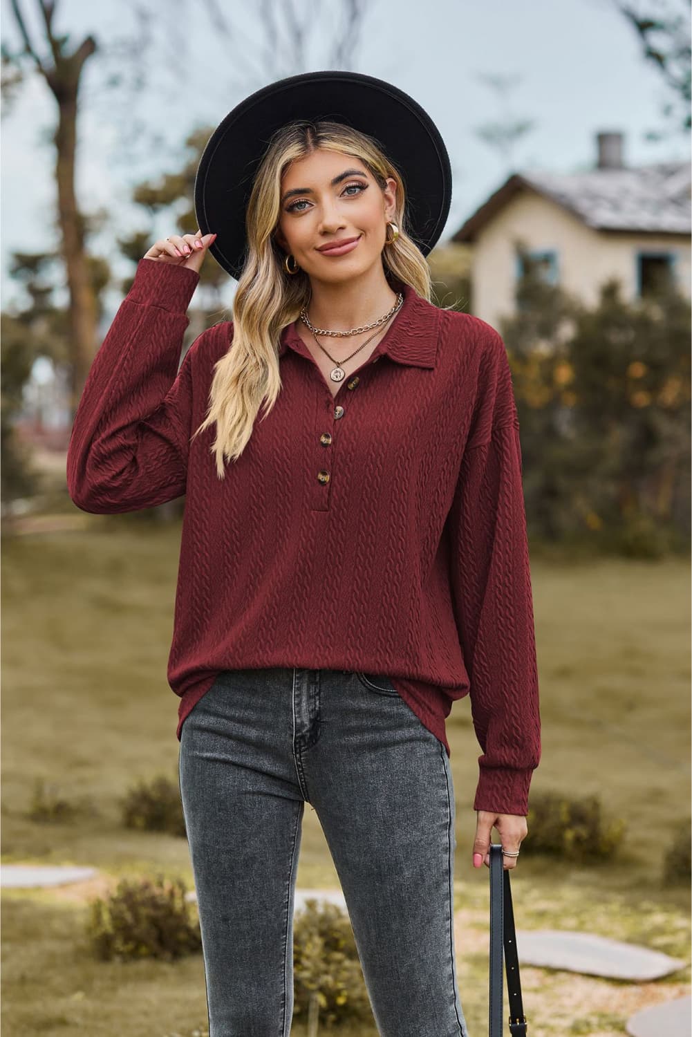 Buy burgundy Collared Neck Long Sleeve Blouse