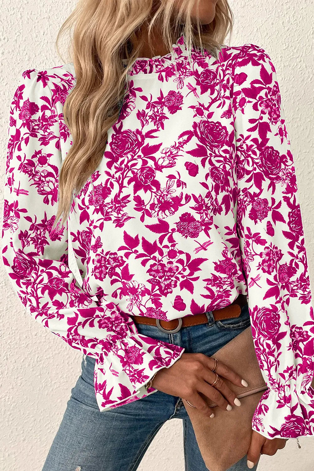 Buy deep-rose Printed Mock Neck Flounce Sleeve Blouse