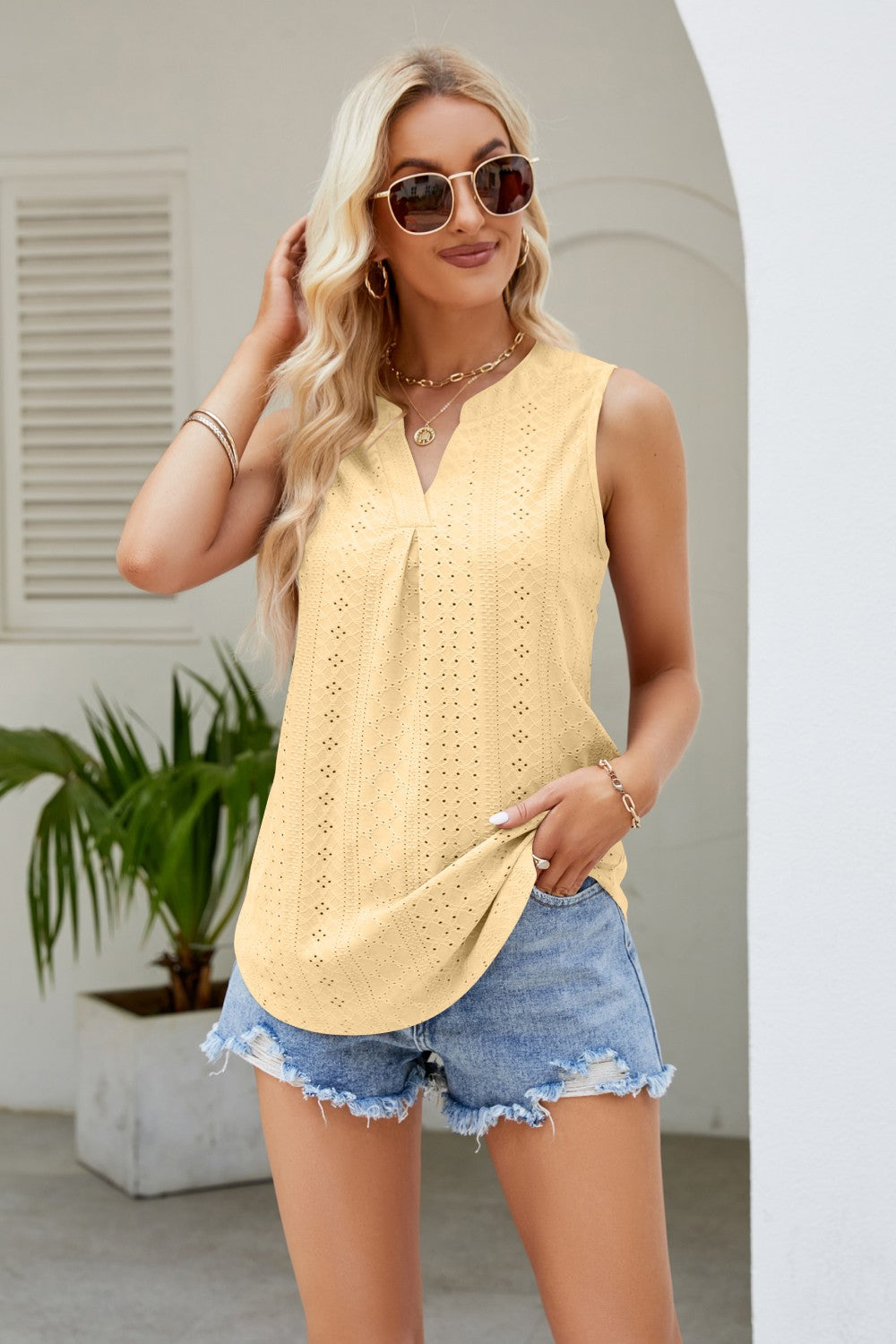 Buy light-yellow Notched Neck Curved Hem Eyelet Tank