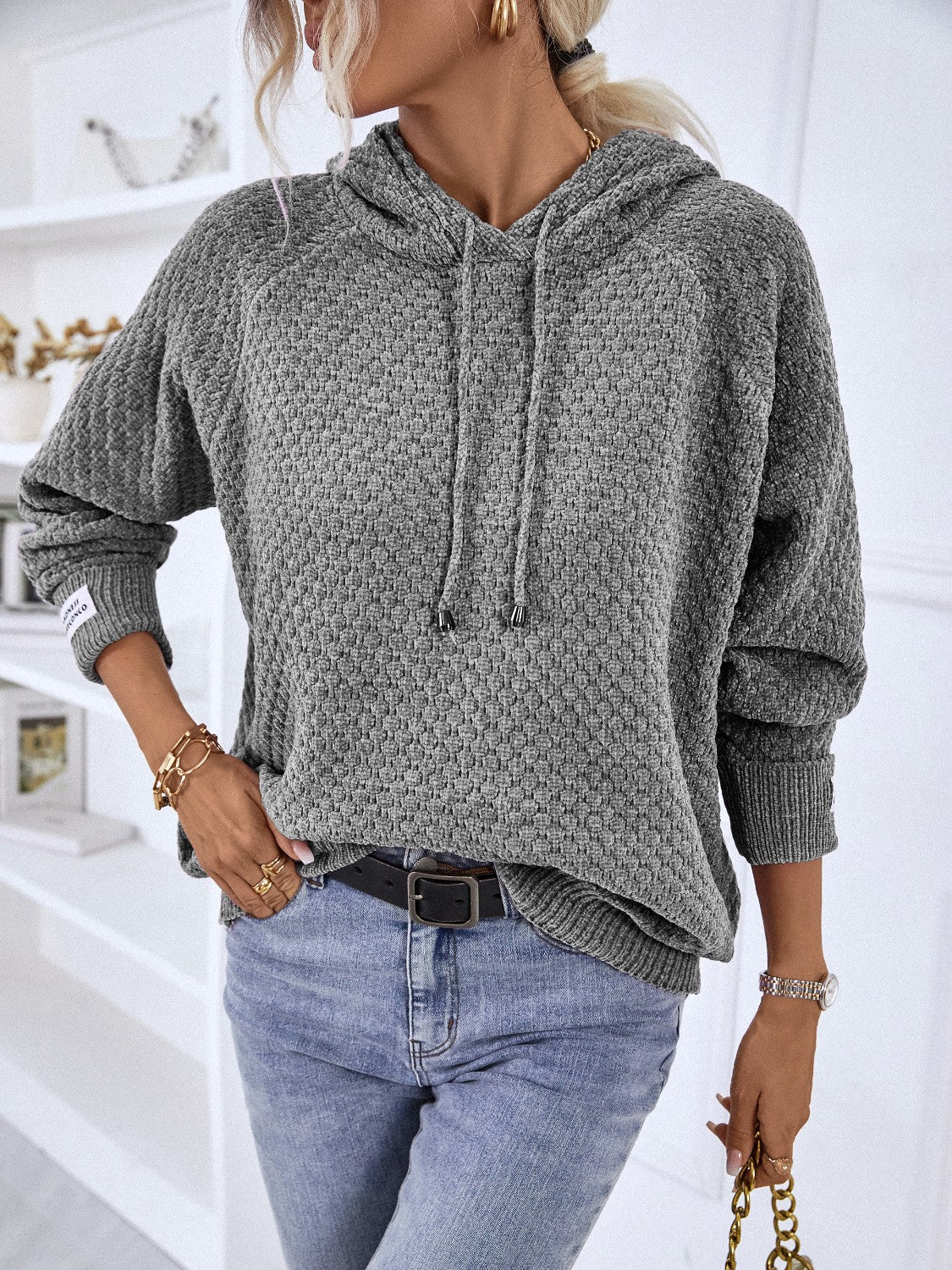 Buy charcoal Texture Drawstring Long Sleeve Hooded Sweater