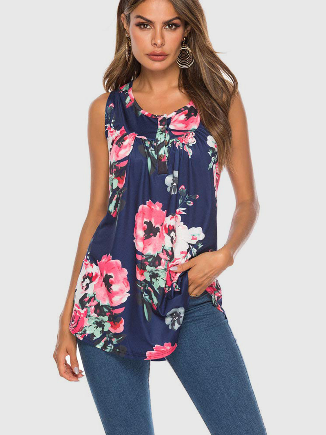 Buy dark-blue Flower Printed Round Neck Tank