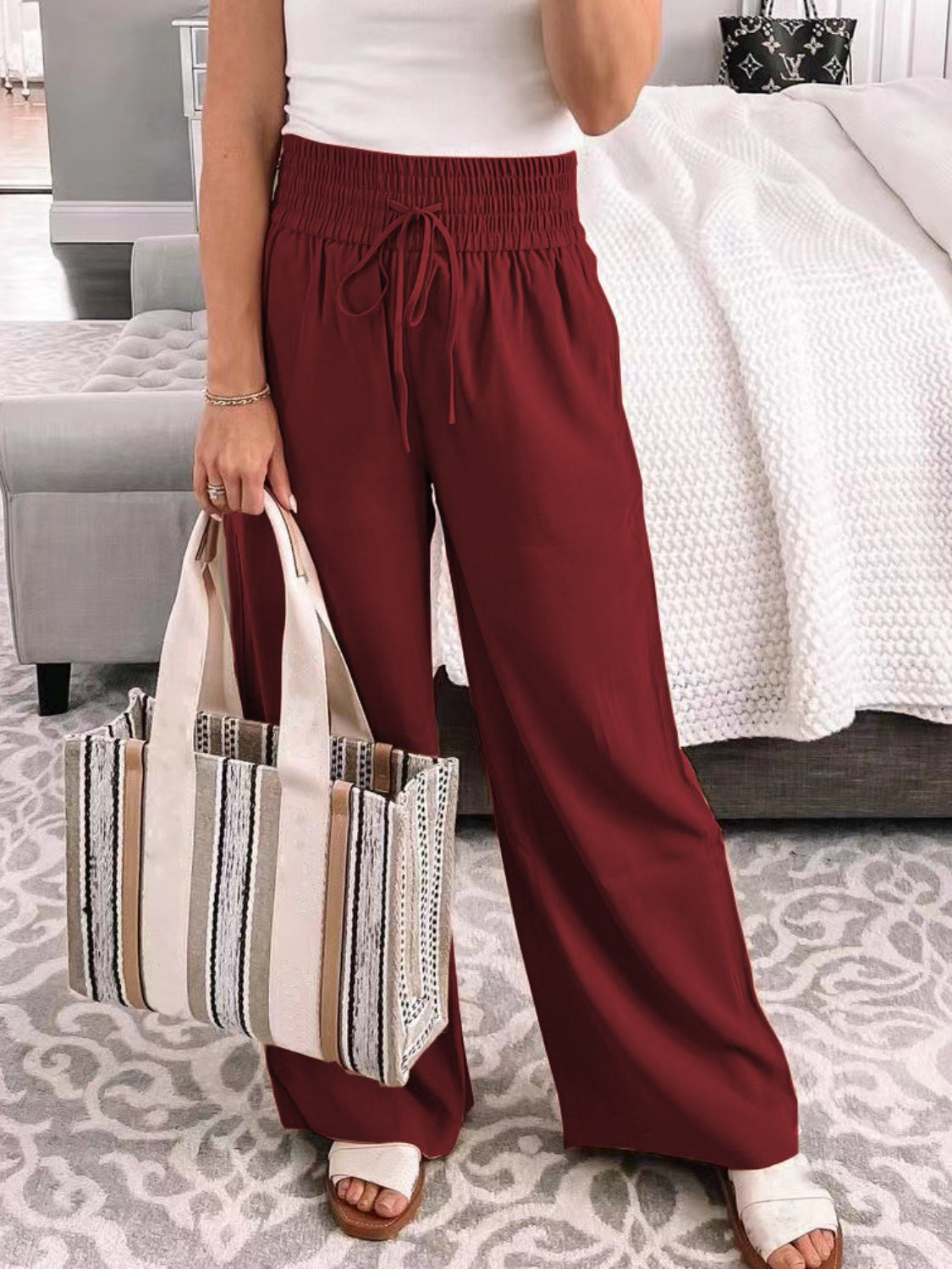 Buy burgundy Full Size Drawstring High Waist Wide Leg Pants