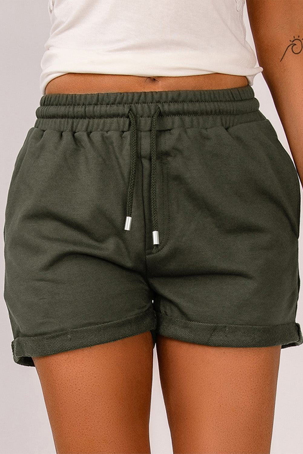 Buy army-green Drawstring Waist Cuffed Shorts