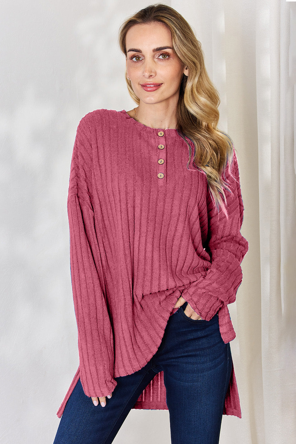 Buy hot-pink Basic Bae Full Size Ribbed Half Button Long Sleeve High-Low T-Shirt