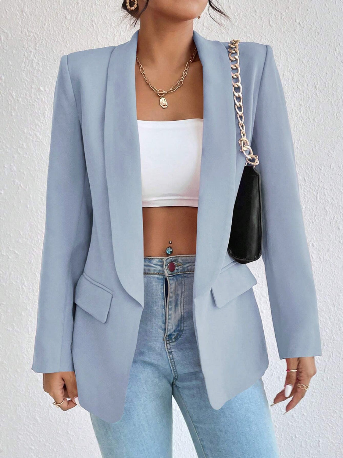 Buy light-blue Shawl Collar Long Sleeve Blazer