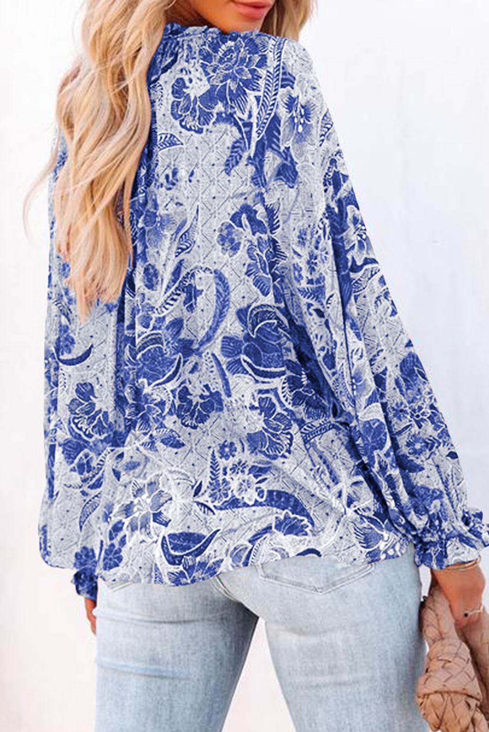 Floral Tie Neck Flounce Sleeve Blouse