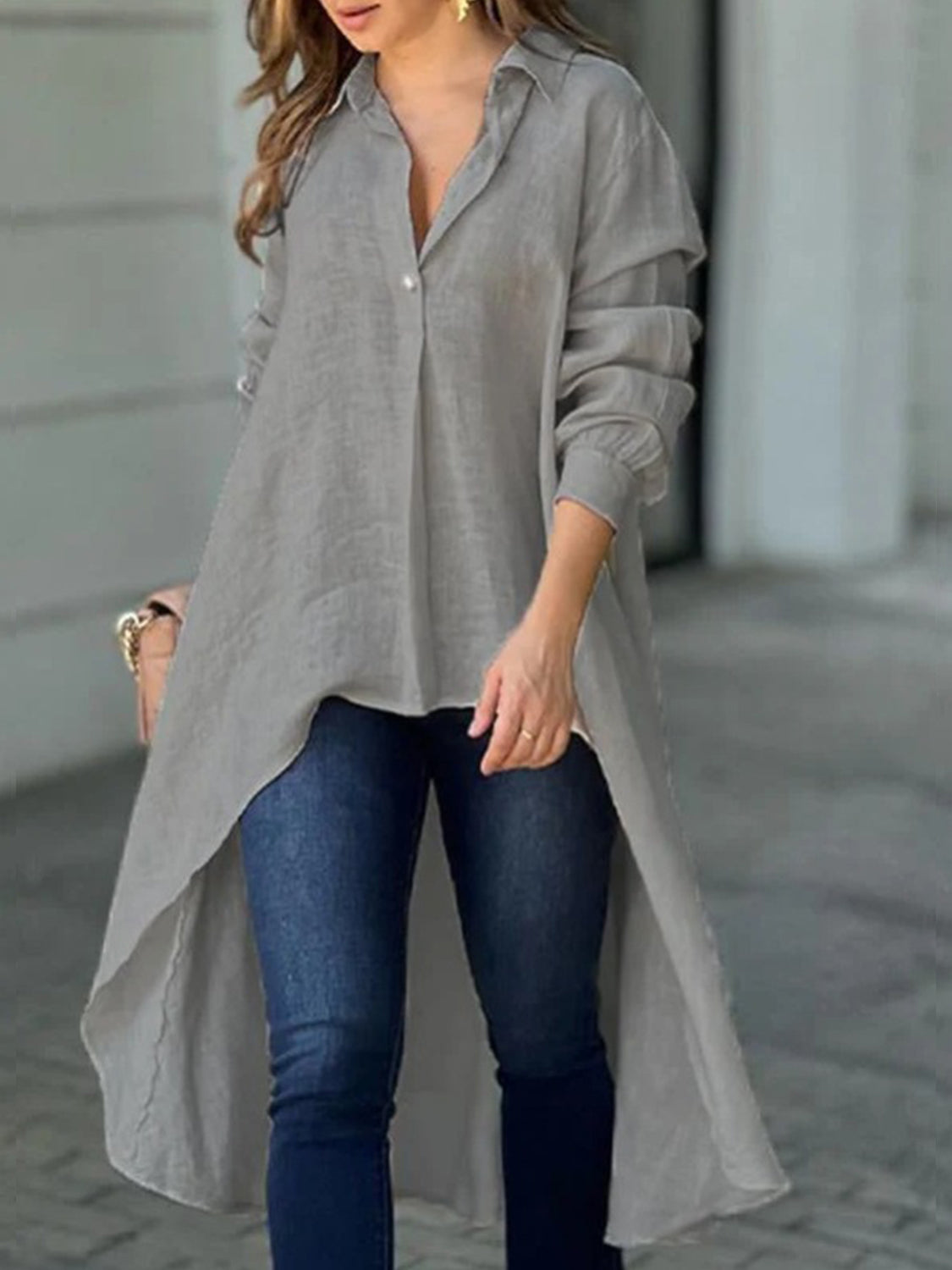 Buy dark-gray Full Size High-Low Collared Neck Long Sleeve Shirt