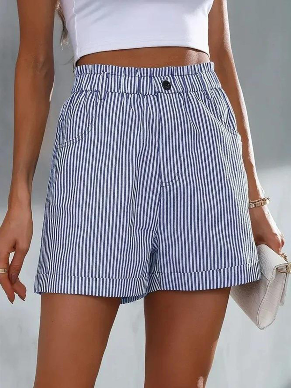 Buy dusty-blue Full Size High Waist Striped Shorts