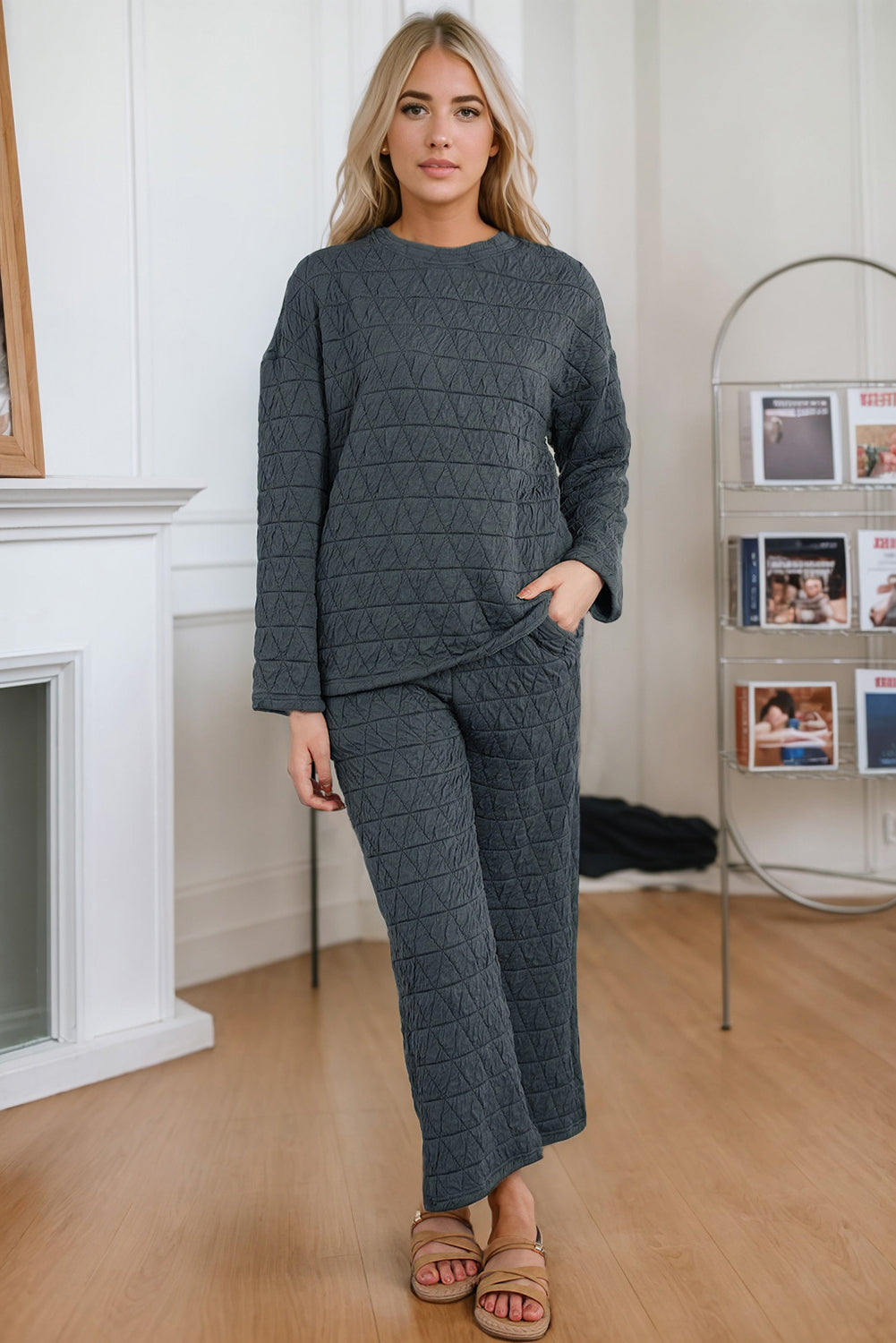 Round Neck Top and Pocketed  Pants Lounge Set