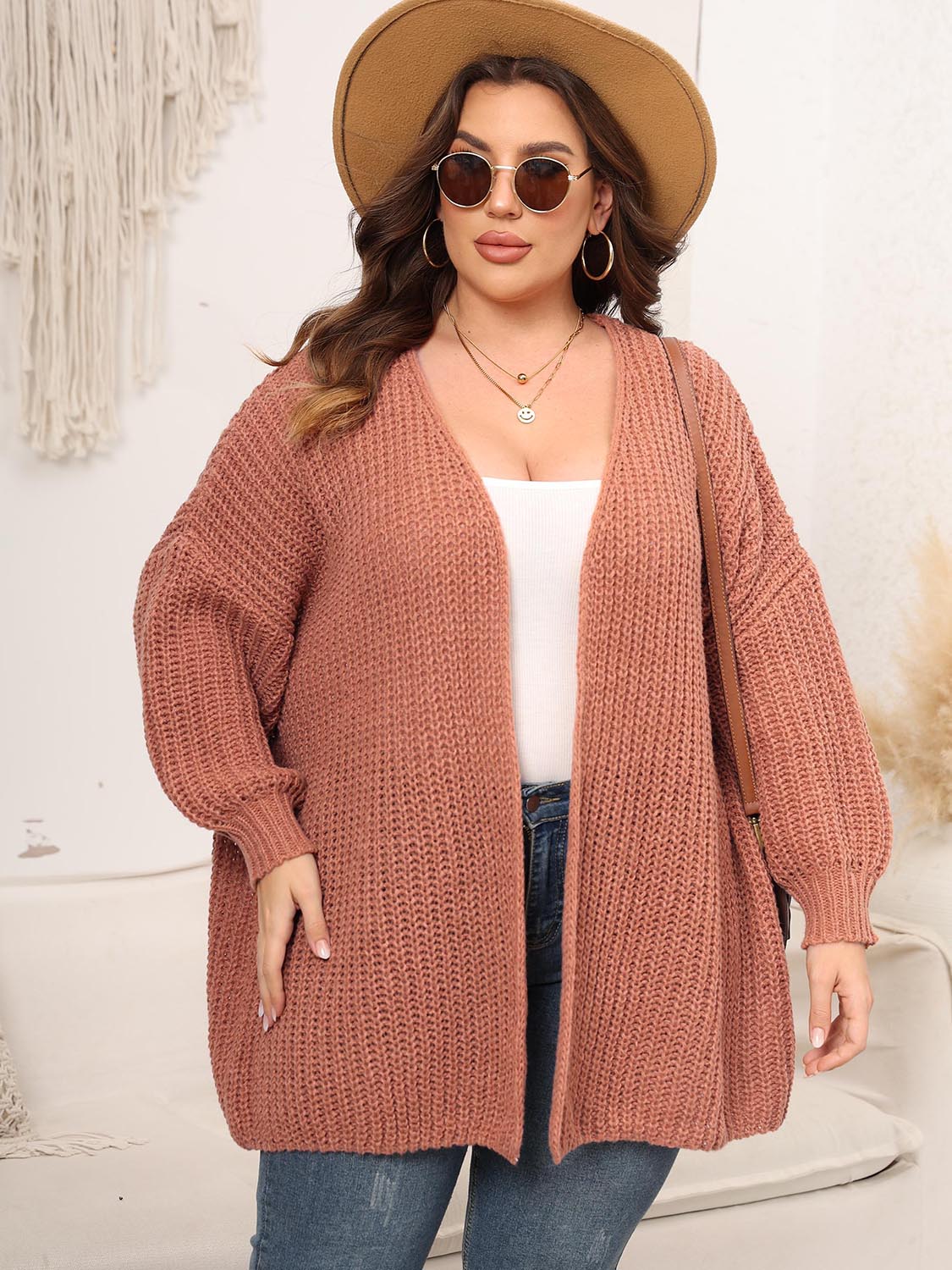 Buy coral Plus Size Open Front Dropped Shoulder Knit Cardigan