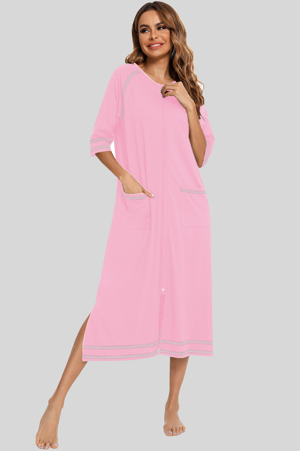 Buy blush-pink Zip Up Slit Round Neck Night Dress with Pockets