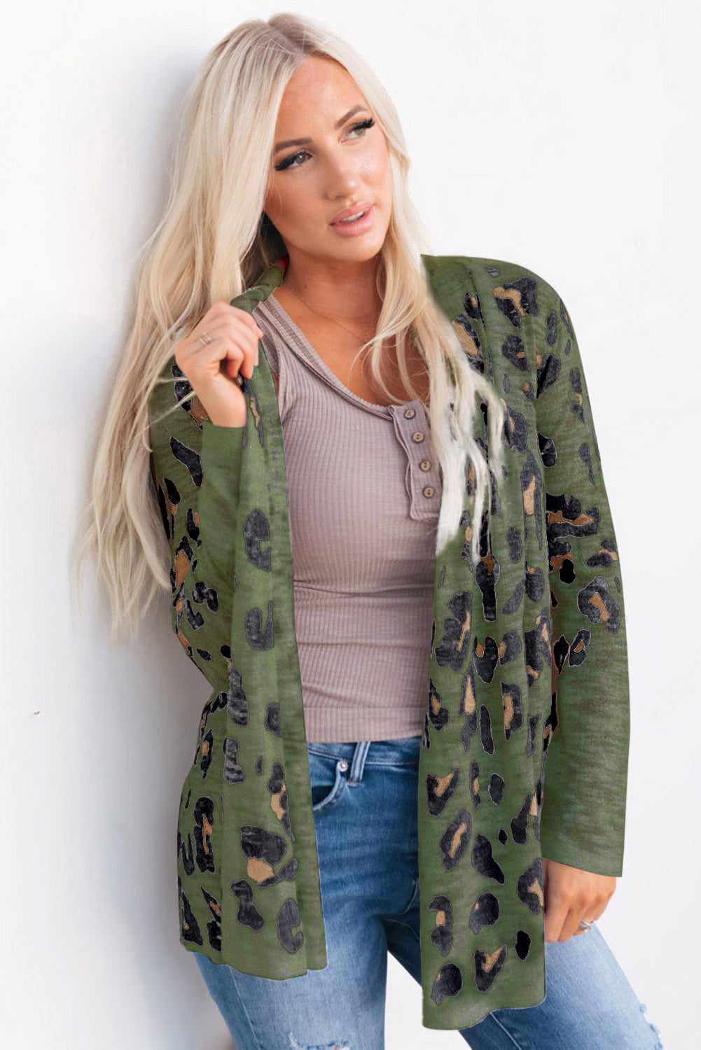 Buy army-green Printed Long Sleeve Cardigan