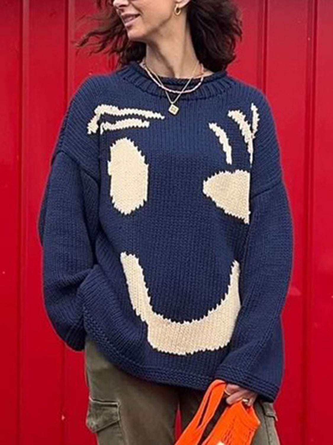 Buy dark-blue Contrast Drop Shoulder Long Sleeve Sweater