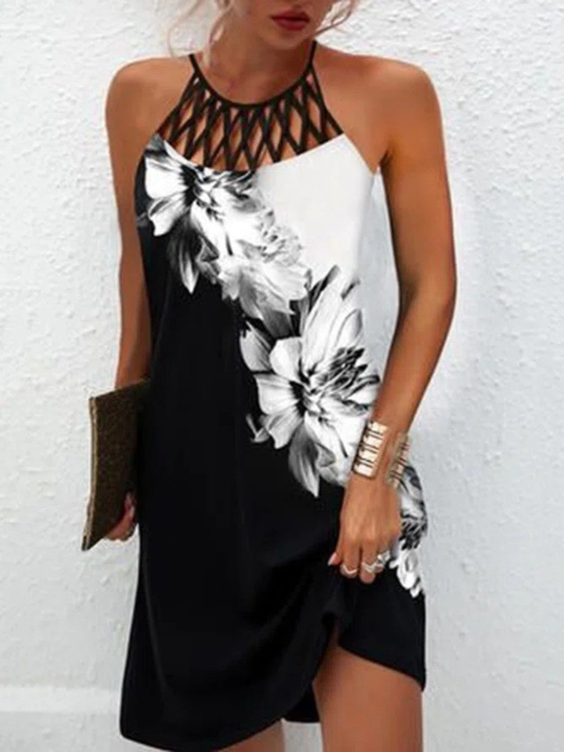 Buy white Printed Grecian Neck Mini Dress