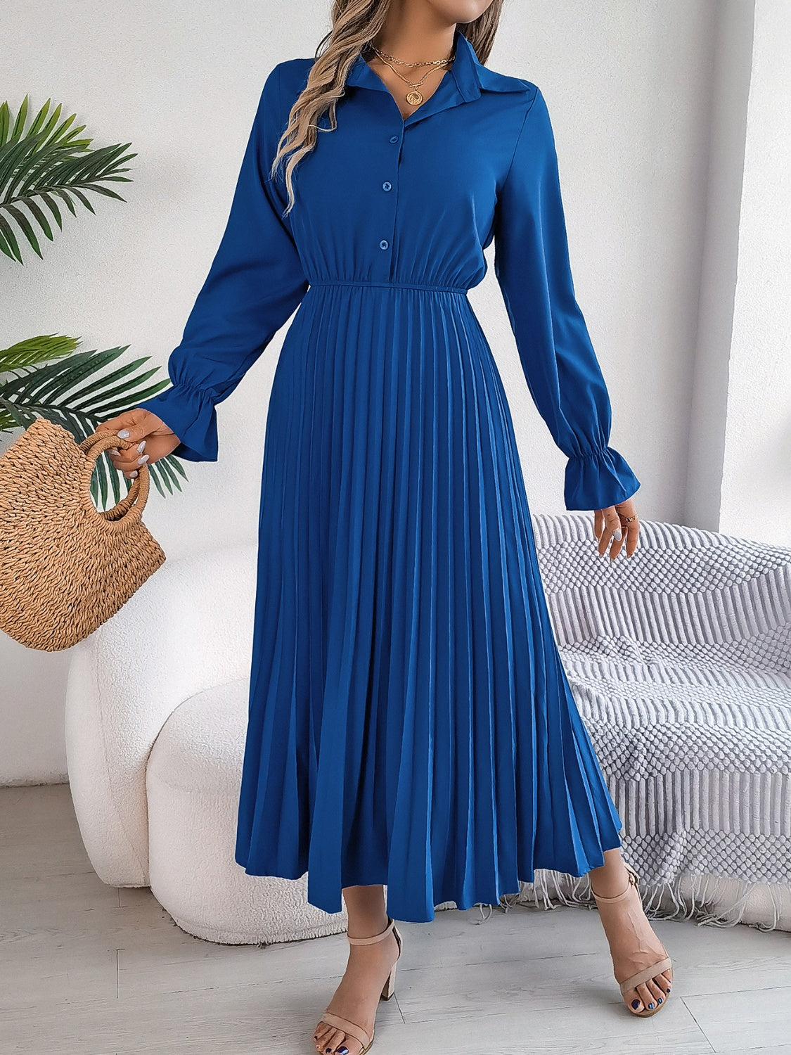 Buy royal-blue Pleated Half Button Long Sleeve Midi Dress