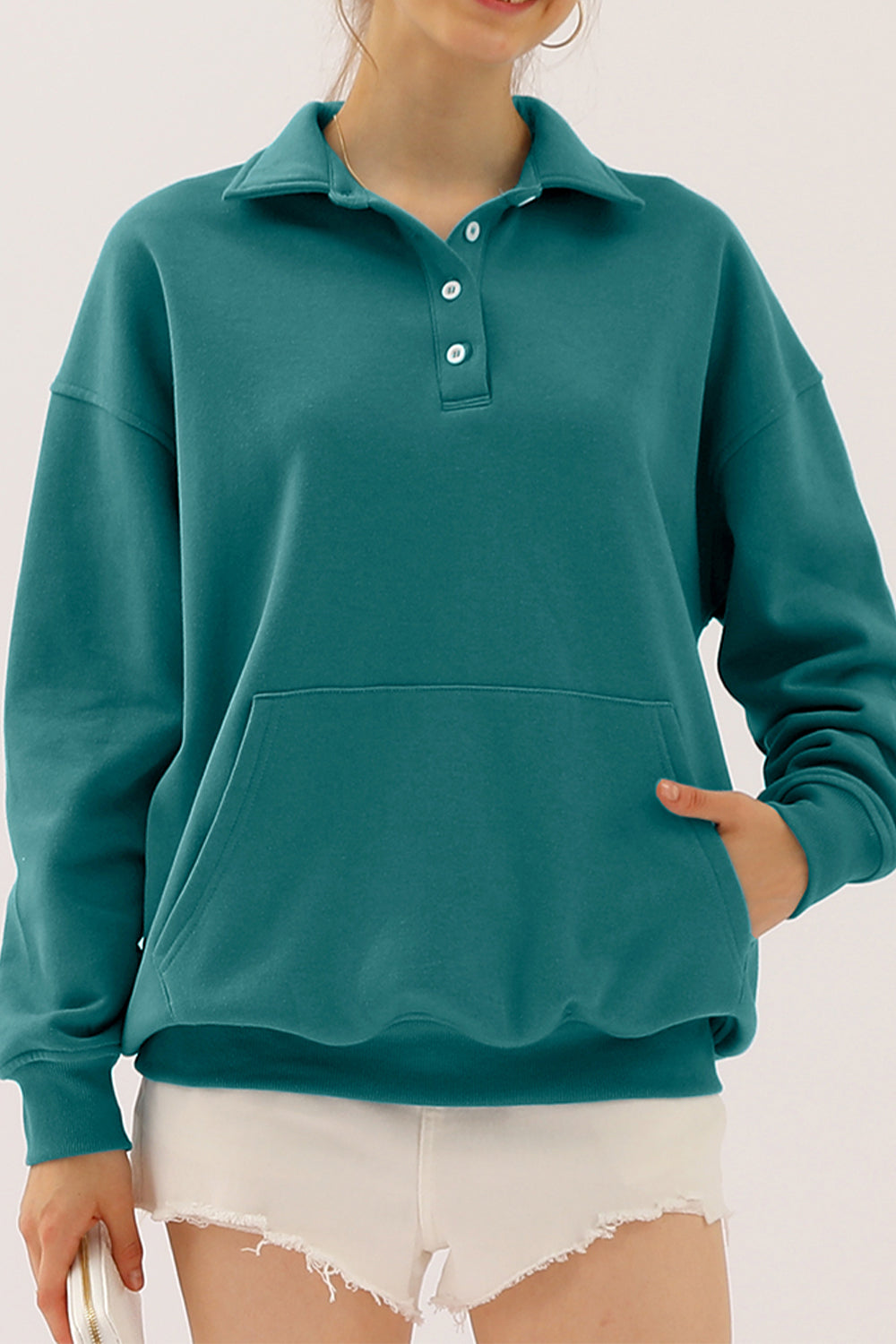 Buy turquoise Ninexis Full Size Quarter-Button Collared Sweatshirt