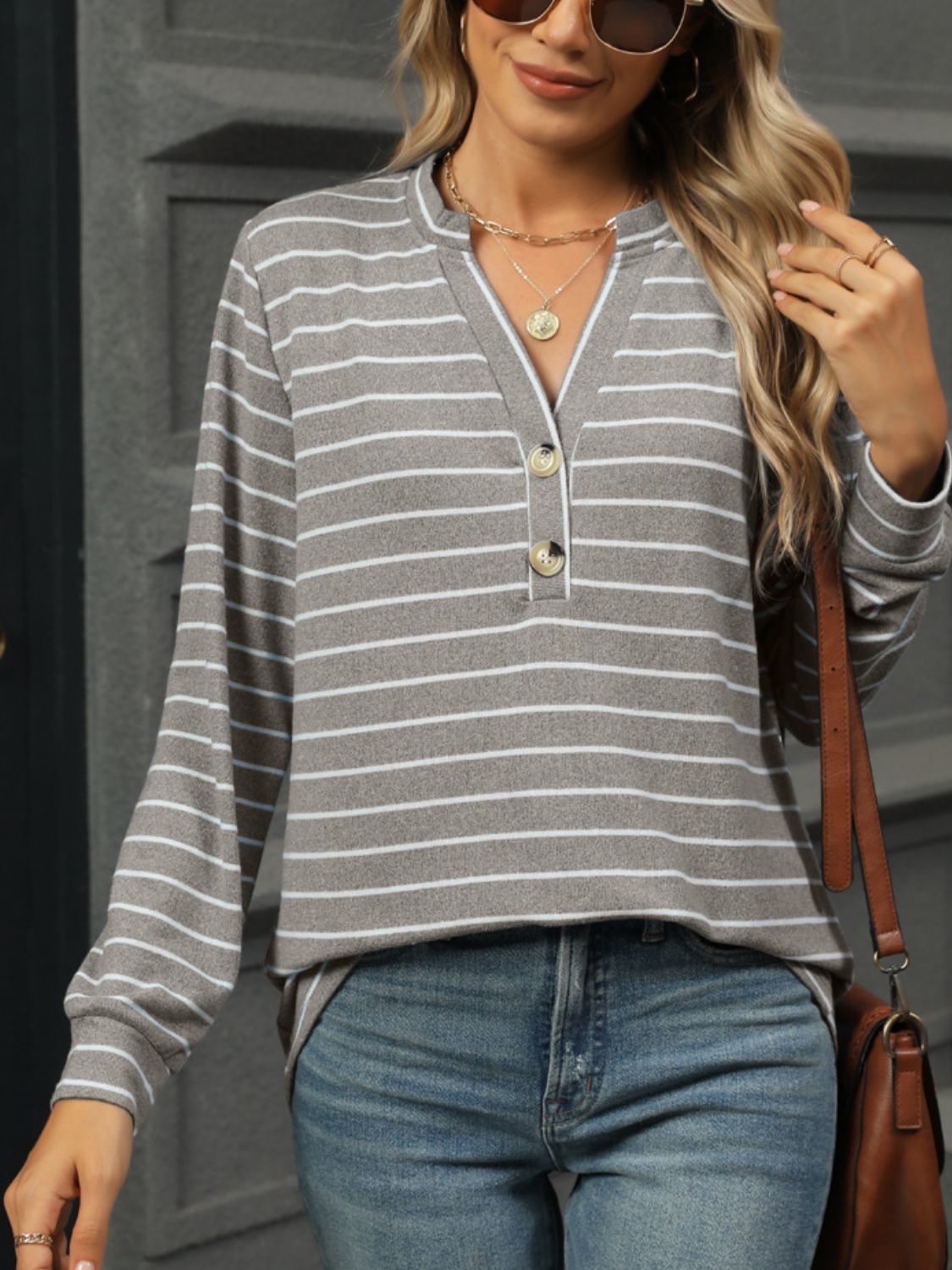 Buy gray Striped Notched Long Sleeve T-Shirt