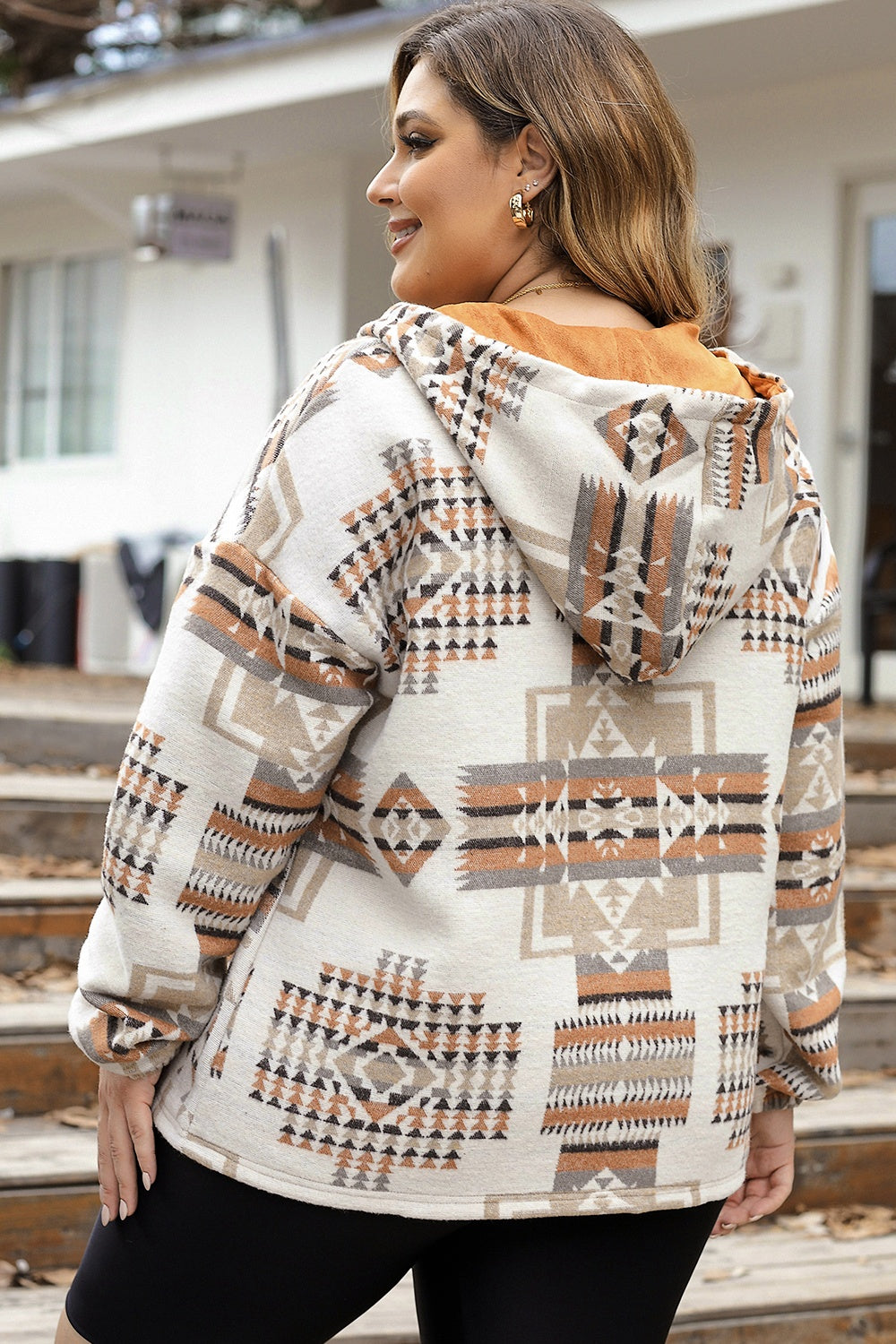 Plus Size Geometric Print Kangaroo Pockets Hoodie