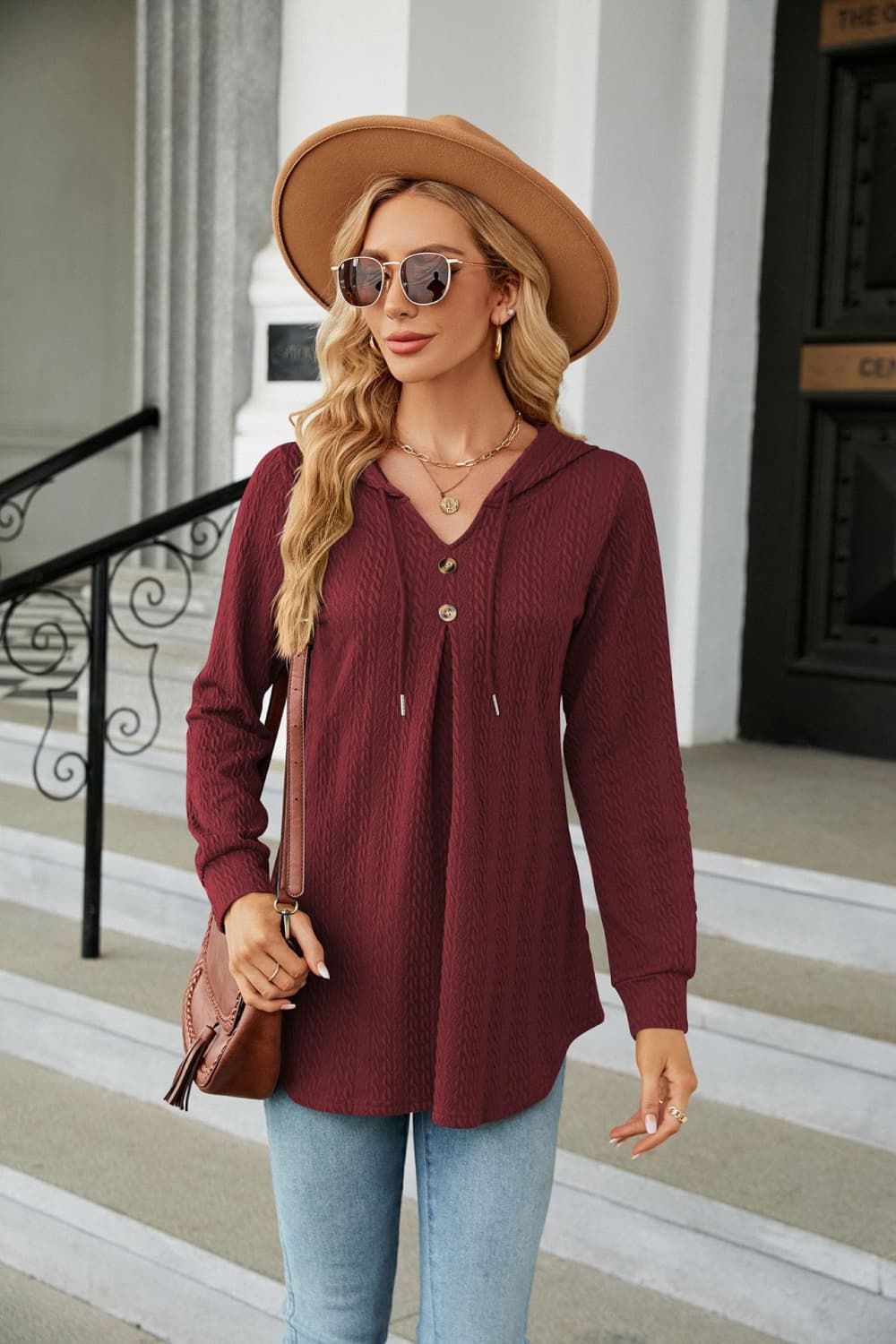 Buy wine Long Sleeve Hooded Blouse