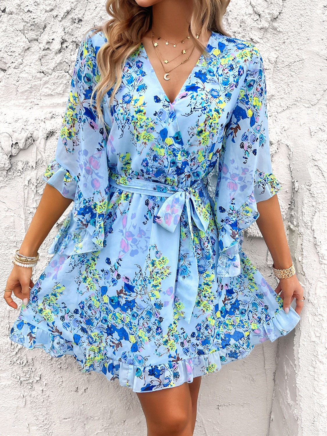 Buy light-blue Devine Ruffled Printed Surplice Half Sleeve Mini Dress