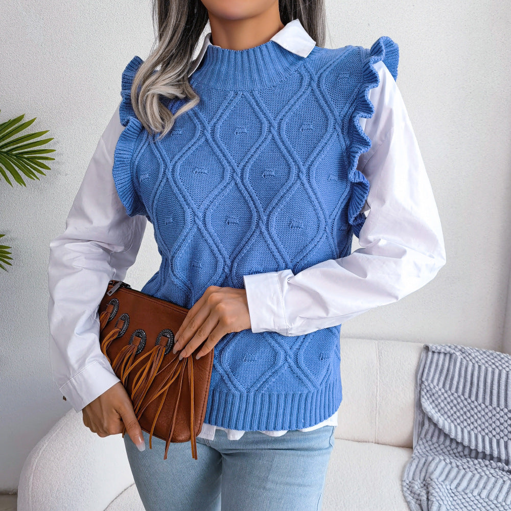 Buy blue Ruffle Shoulder Ribbed Trim Sweater Vest