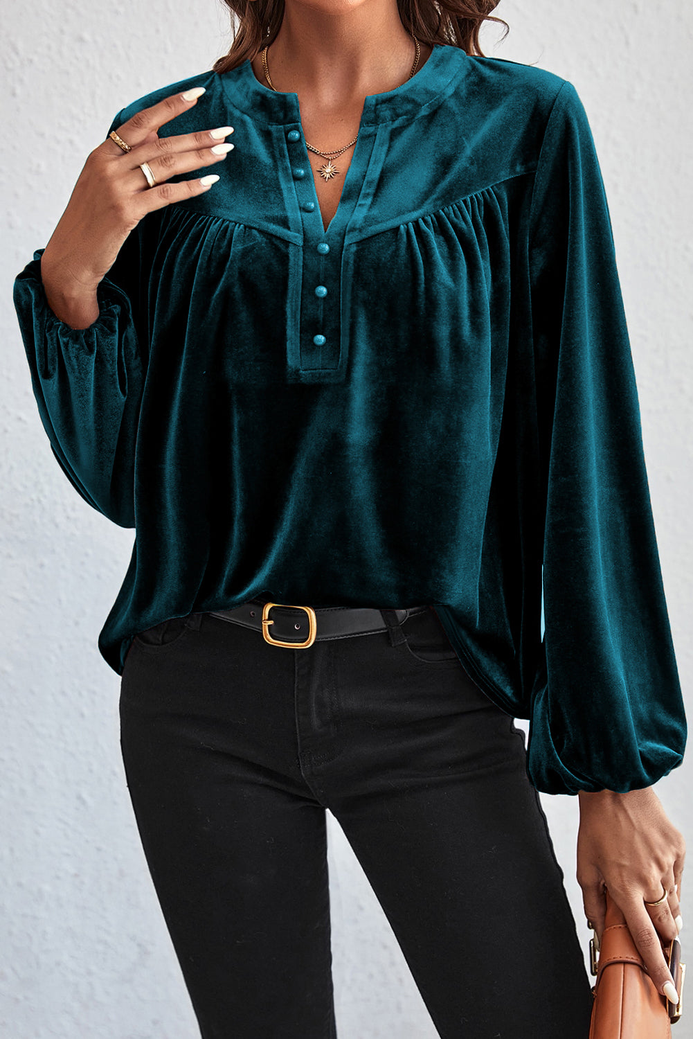 Buy deep-teal Ruched Decorative Button Notched Blouse