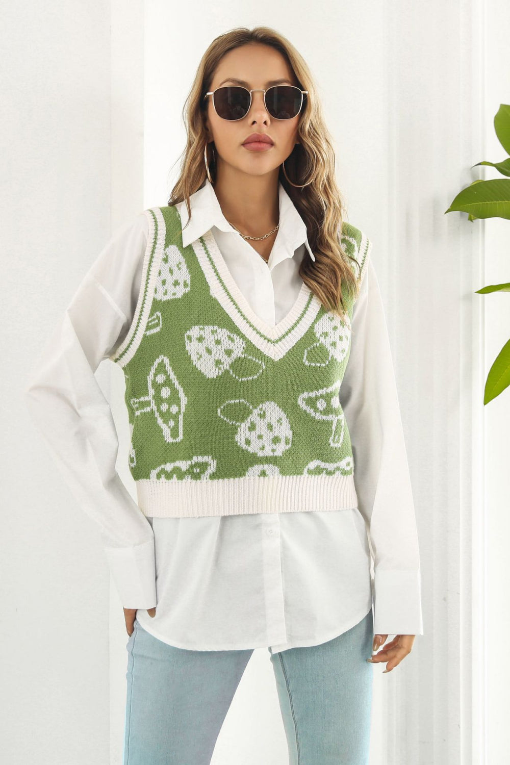 Buy matcha-green Printed Plunge Neck Sweater Vest