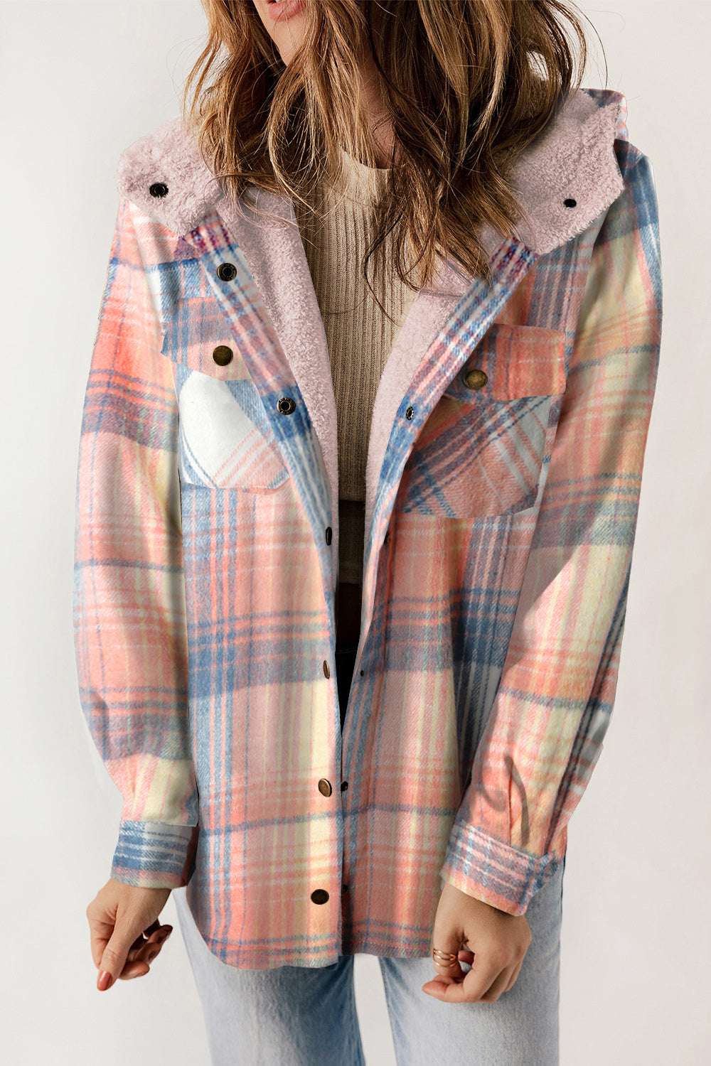 Buy dusty-pink Plaid Snap Down Hooded Jacket