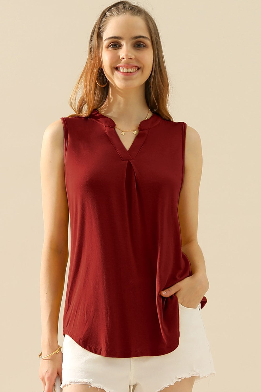 Buy burgundy Ninexis Full Size Notched Sleeveless Top