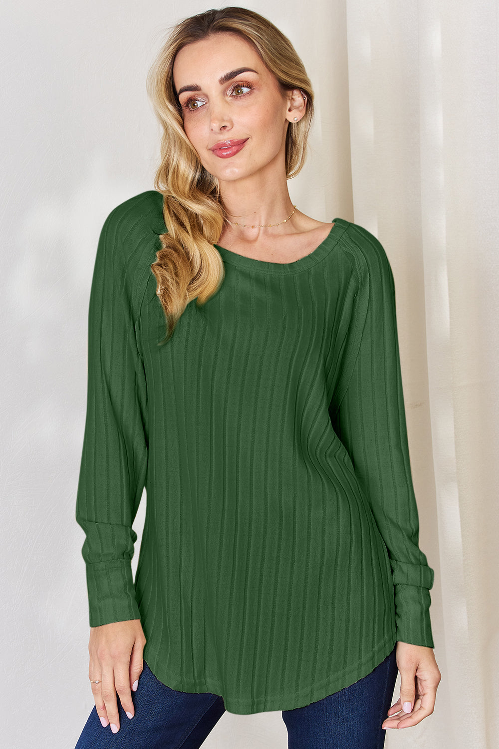 Buy green Basic Bae Full Size Ribbed Round Neck Slit T-Shirt