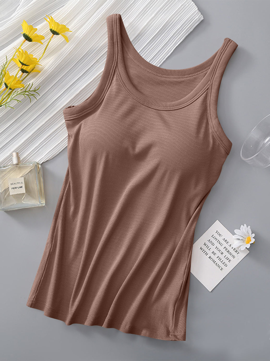 Buy khaki Round Neck Tank with Bra