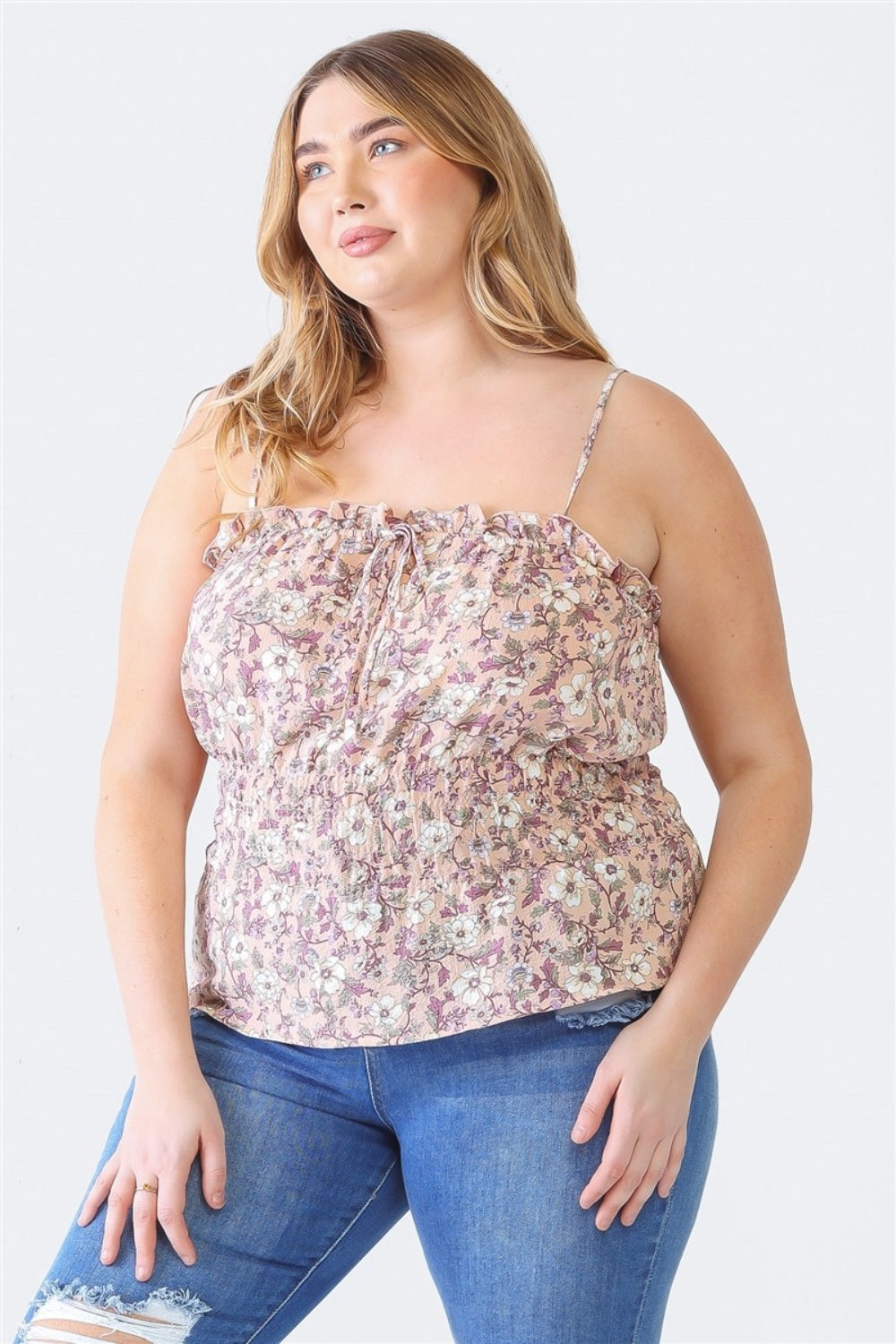 Buy mauve Zenobia Plus Size Frill Floral Square Neck Cami