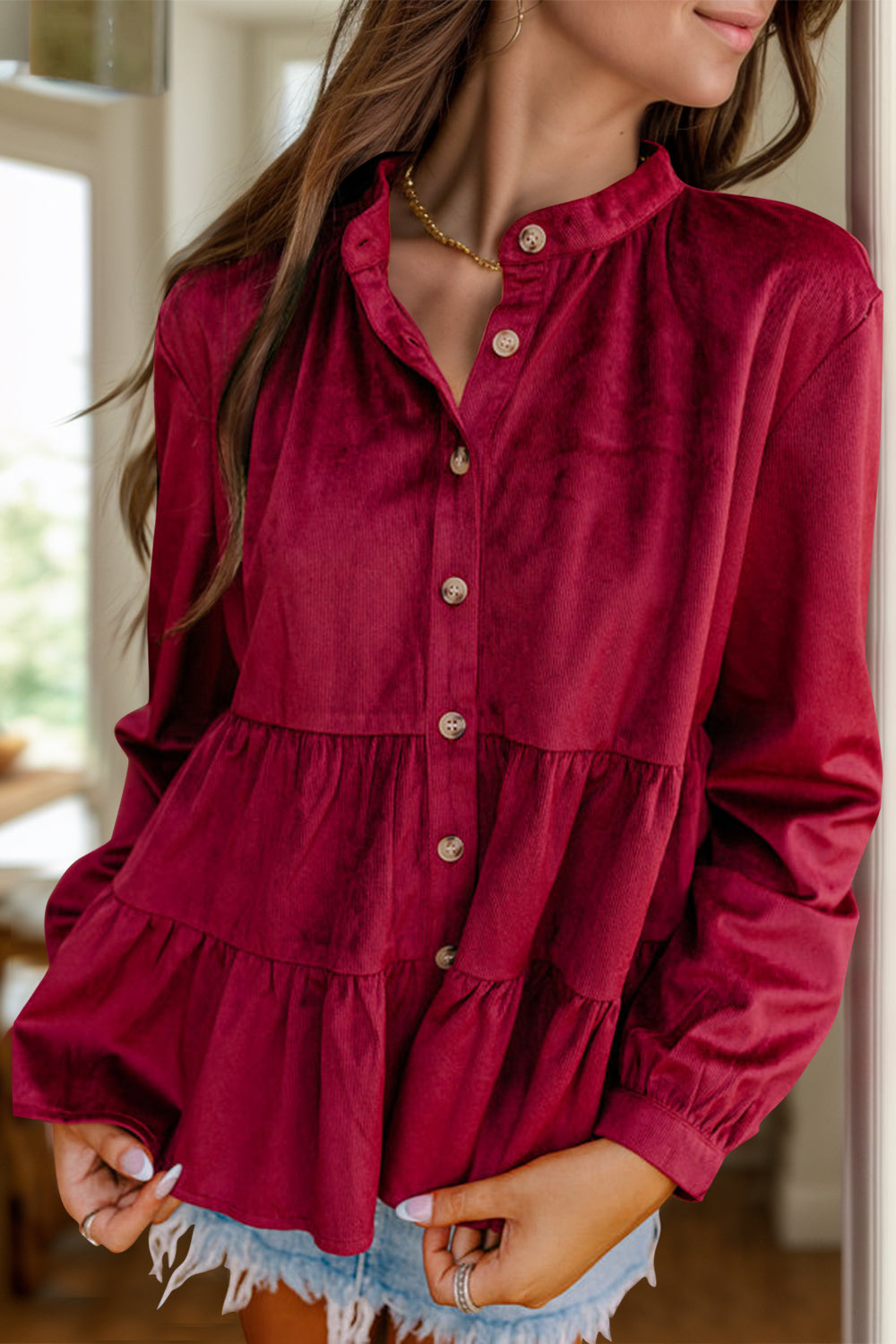 Buy burgundy Peplum Round Neck Long Sleeve Shirt